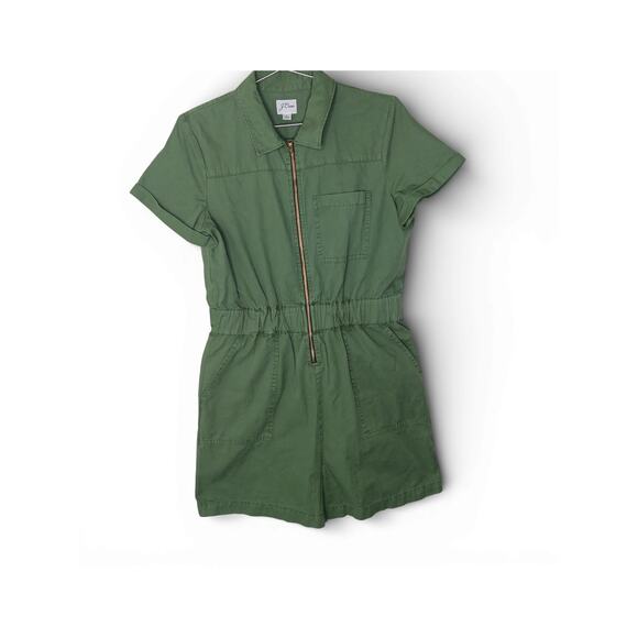 J.Crew Green Zip Front Utility Romper Shorts Size 6 Cotton Elastic Waist - Picture 2 of 16